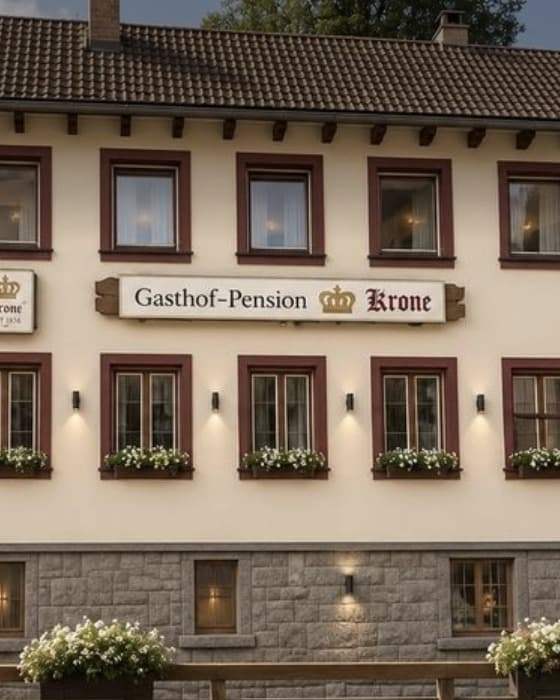 Ansicht des Gasthof Krone nach der Renovierung: cremefarbene Fassade mit dunkelroten Fensterrahmen, Blumenkästen und dem Schild «Gasthof-Pension Krone»