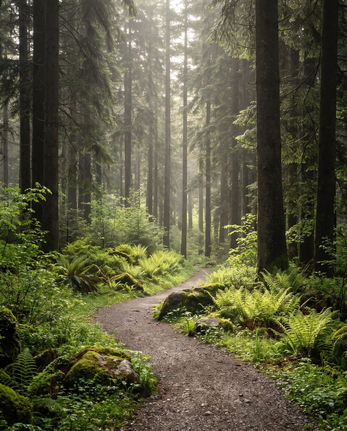 Waldweg zwischen hohen Tannen, gesäumt von Farnen und moosbewachsenen Steinen